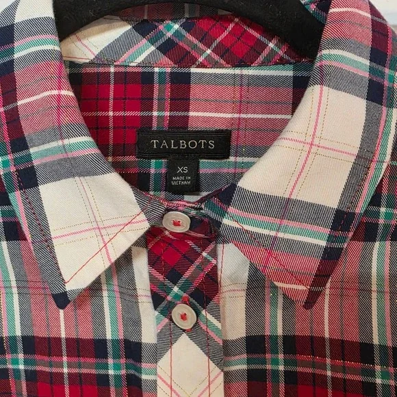 Talbots Women XS Plaid Button Up Shirt Long Sleeve Red Green Cream Gold Holiday - Picture 7 of 9